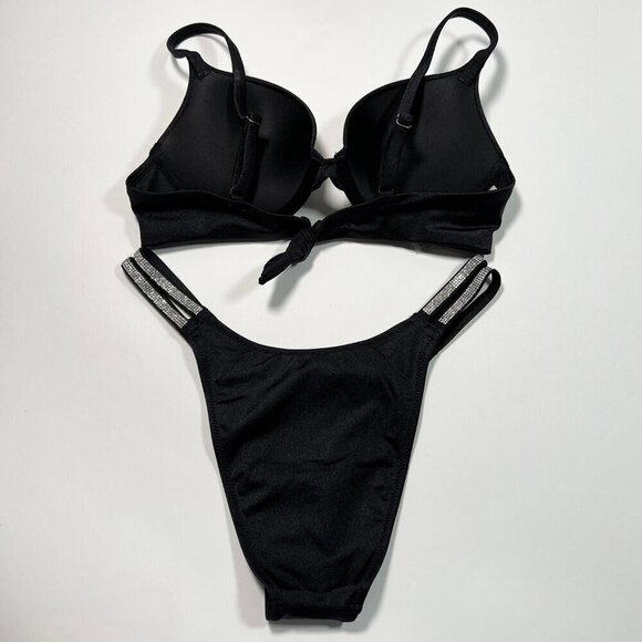 Victoria Secret 36C M VERY SEXY Push Up Bikini Top Bottom Set Shine Strap Black - Picture 5 of 9